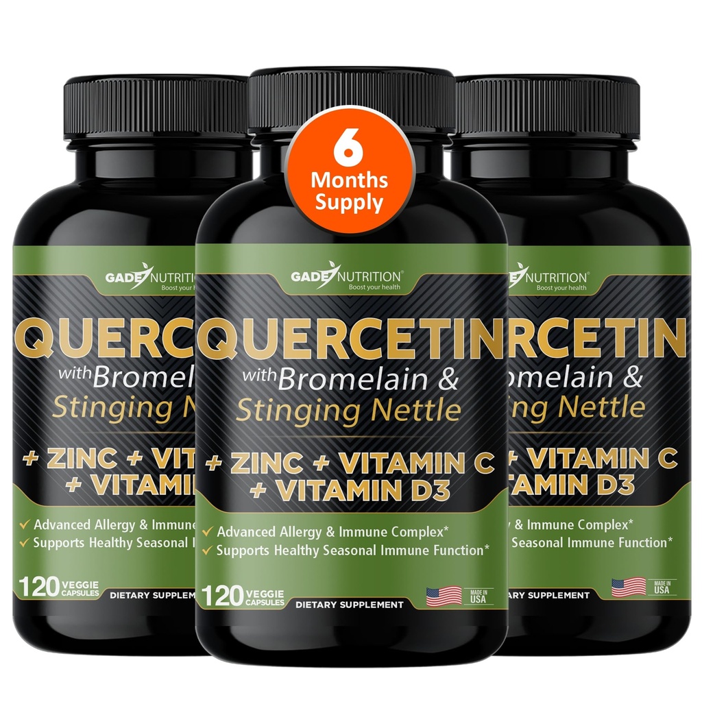 Διατροφή Gade Quercetin με βιταμίνη C, ψευδάργυρος & Stinging Νετλ - Νετλ Quercetin - Quercetin 500mg - Quercetin με Bromelain - ψευδάργυρος Quercetin + Βιταμίνη D3-360 Veggie Caps - 6 Μήνες Προσφορά