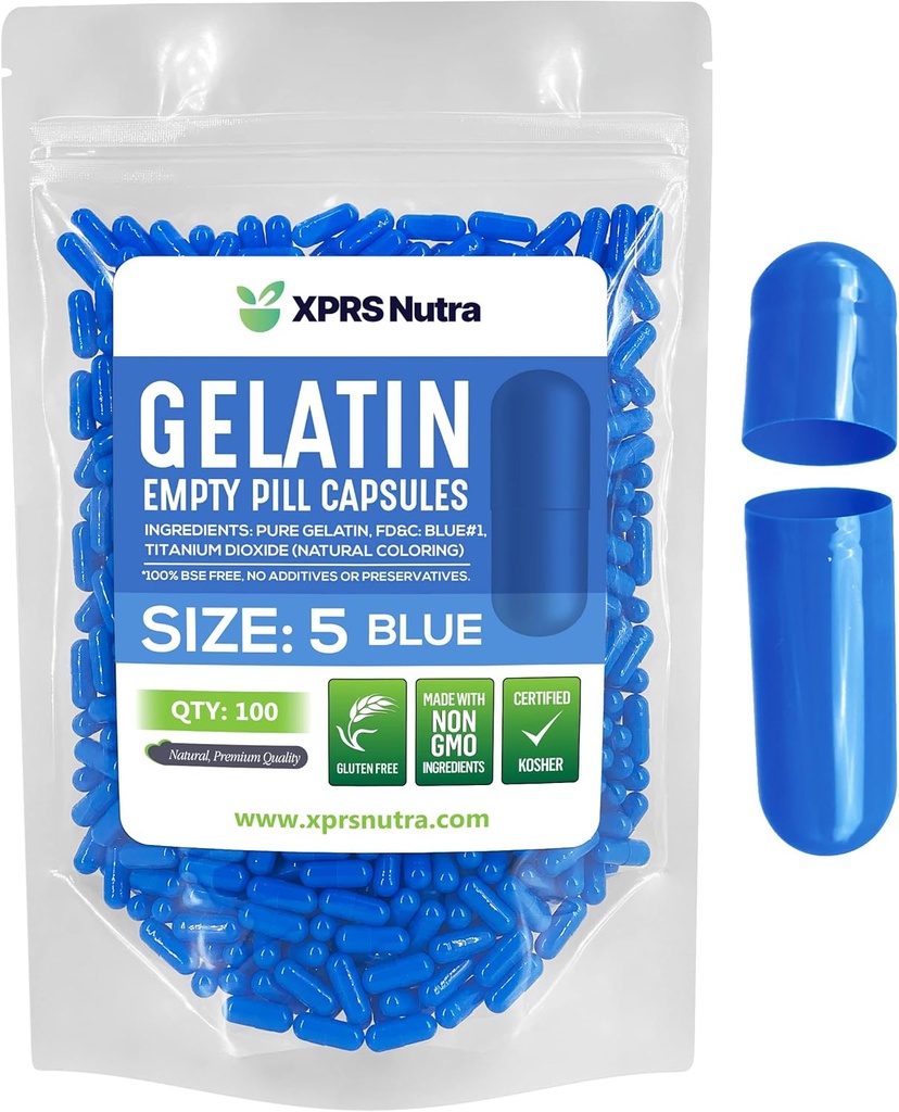XPRS Nutra Μέγεθος 5 Κενές κάψουλες - 100 Μέτρα Πολύ μικρές κενές κάψουλες Ζελατίνης - Χάπια DIY Καψάκιο Γέμισμα - Γεμιστά καπάκια gel Χάπια για Do-it-Yourself συμπληρώματα βιταμίνης (μπλε)