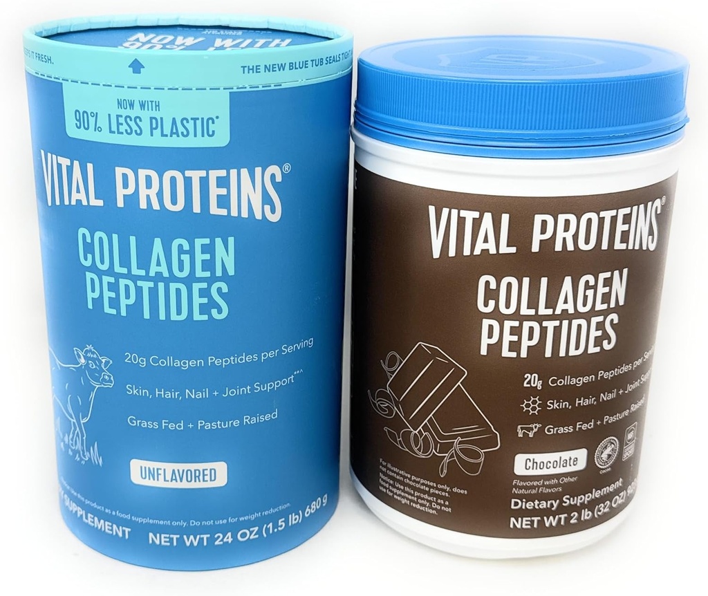 Vital Proteins Collagen Peptides Powder, Promotes Hair, Nail, Skin, Bone and Joint Health, UNFLAVORED 24OZ & Chocolate 32OZ (Variety)