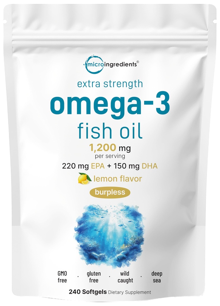 Micro Ingredients Extra Strength Omega 3 Fish Oil Supplements 1,200mg Per Serving, 240 Softgels | Lemon Flavored | Burpless | Essential Fatty Acids | EPA 220mg + DHA 150mg | Deep Sea Fish