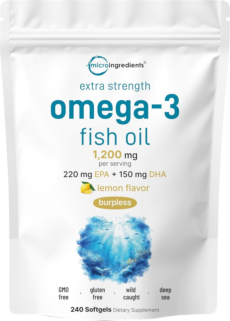 Mikro Malzemeler Ekstra Kuvvetli Omega 3 Balık Yağ Supplements 1.200 mg Oda başına 240 Softgels | Lemon Flavored | Burpless | Essential Fatty Acids | EPA 220 mg + DHA 150mg | Deep Sea Fish Fish