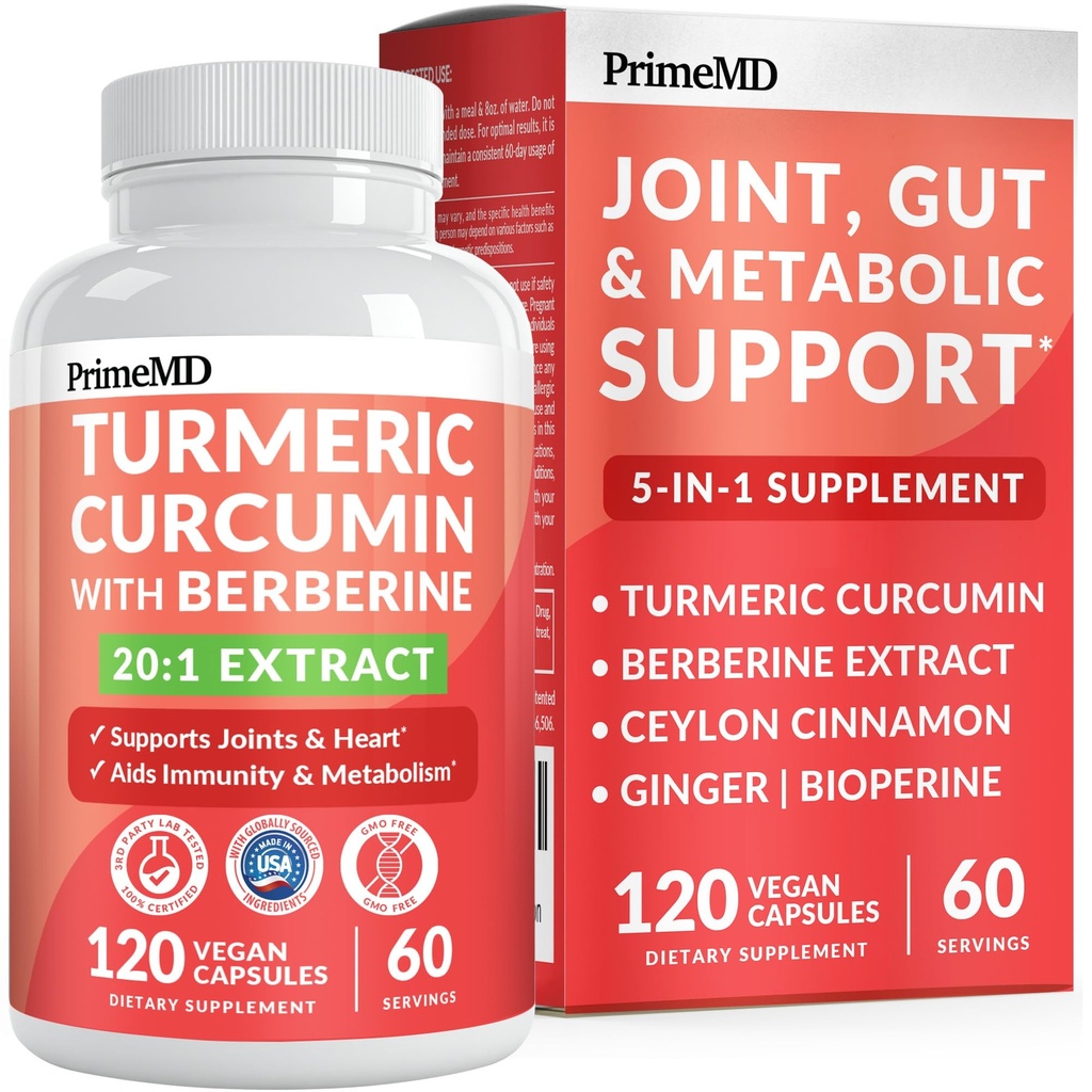 5-in-1 Organik Turmeric Curcumin Supplement4210 mg) Berberine, Ceylon Cinnamon Bioperine ve Ginger Supplements for Joint, Heart, Gut, & Metabolic Support (120 ct)