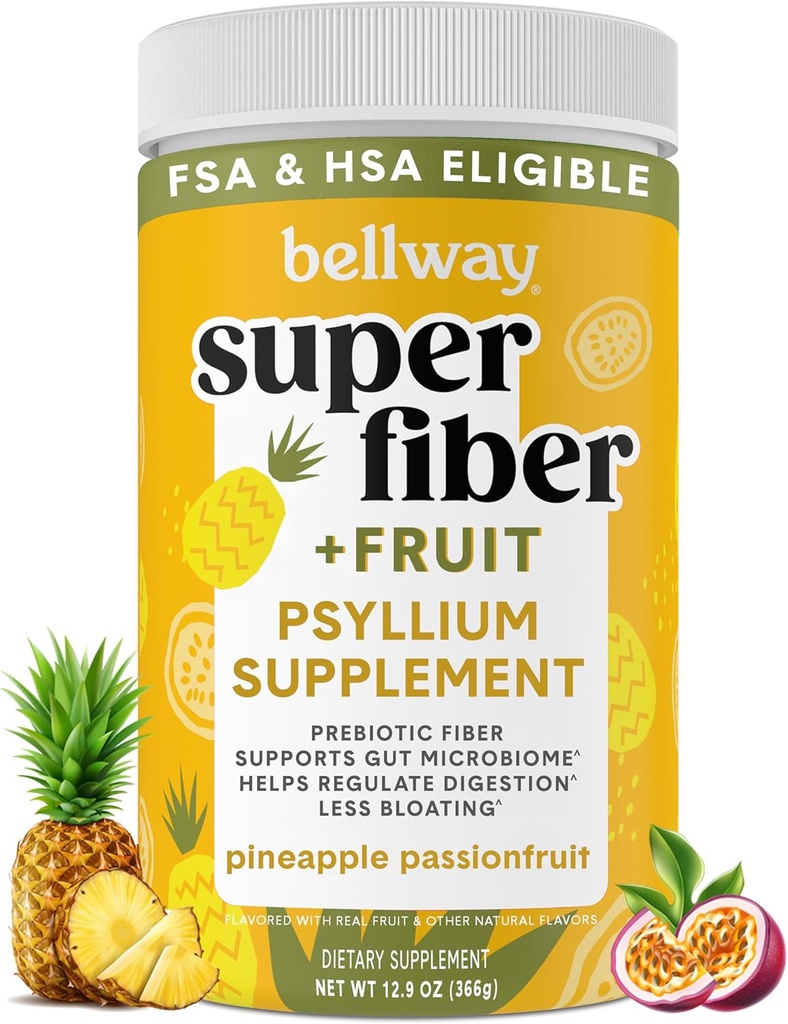 Bellway Super Fiber Powder + Φρούτα, Χωρίς ζάχαρη Βιολογικό Psyllium Husk Fiber συμπλήρωμα για την κανονικότητα, Bloating Relief & Digestive Health, Plant-based, Ανανάς Πάθος Φρούτα (50 εξυπηρετούν)