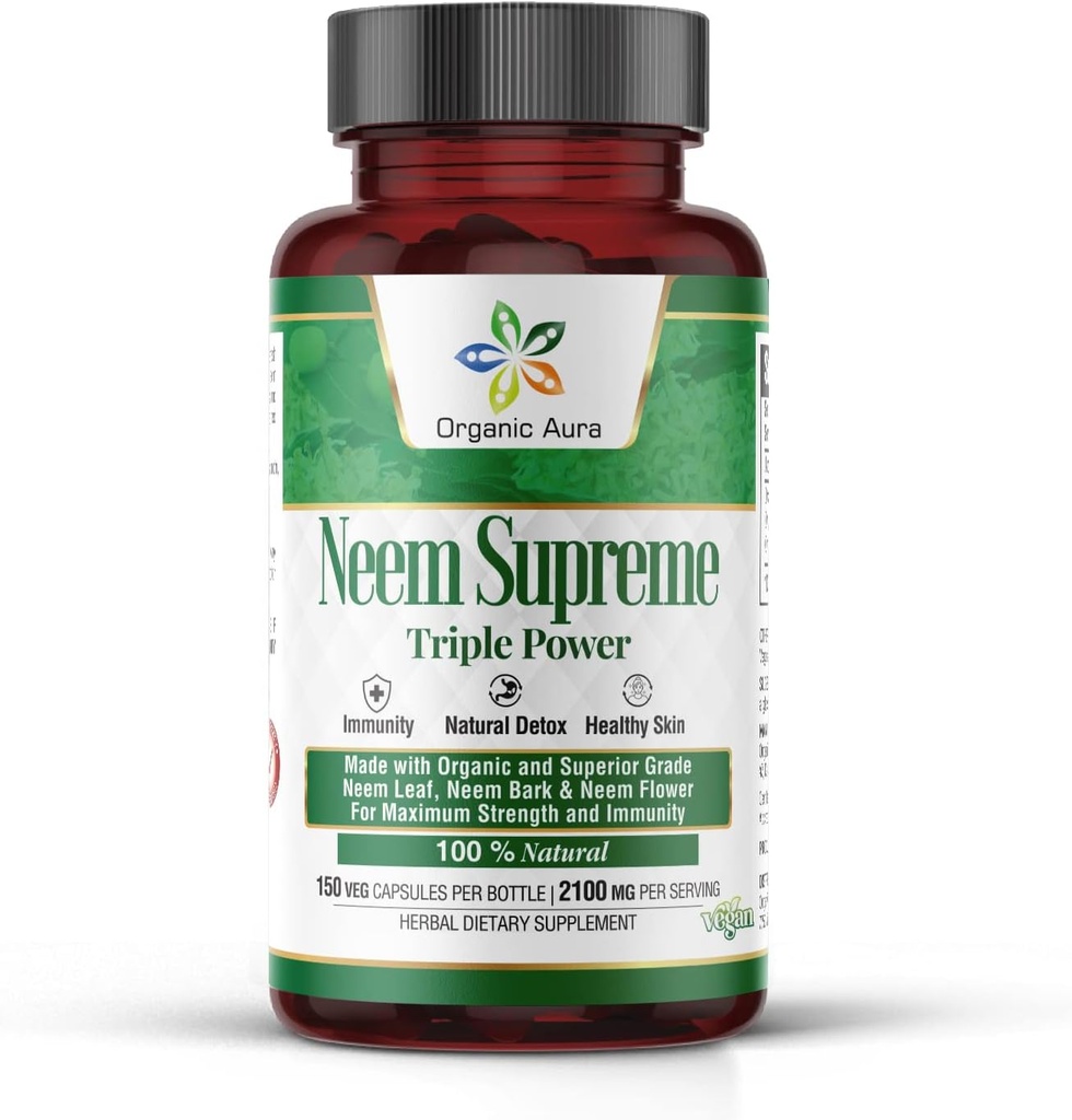 Organic Aura Neem Supreme Capsules. 150 Veg Capsules. Triple Complex - Max Strength Pure High-Potency Azadirachta Indica Capsule. Natural Antioxidant, Skin Health, Abundant Immunity Support.