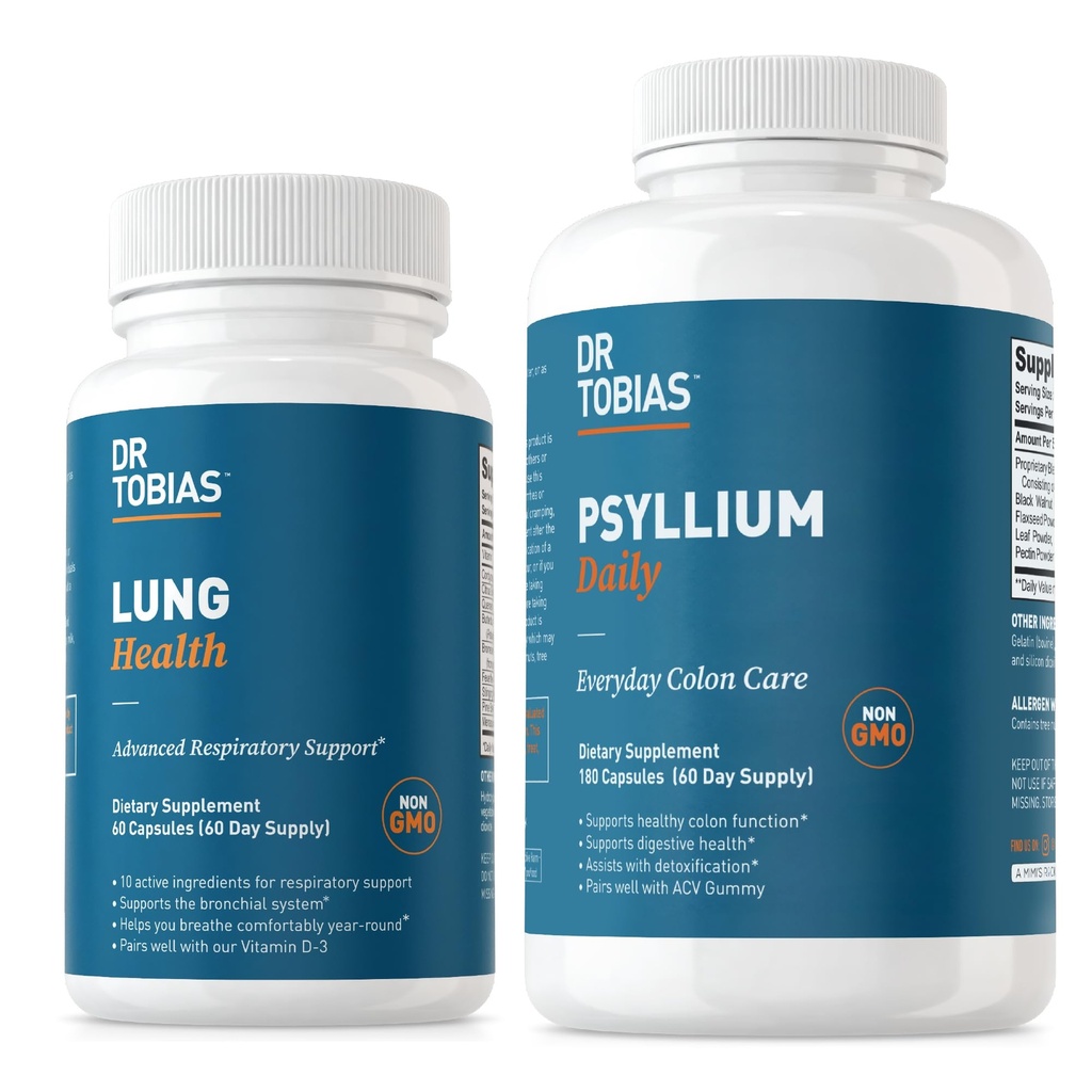 Dr. Tobias Lung Health & Psyllium Daily Supplements, Lung Cleanse & Detox Formula, Psyllium Husk, C, Butterbur, Quercetin, Daily Fiber ve Lung Supplements ile Sağlıklı Bowel Hareketleri Destekler