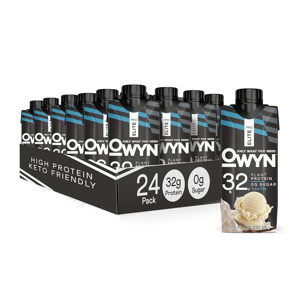 OWYN Pro Elite Vegan Plant-Based High protein Shake, Vanilla, 24Pack, 32g Plant Protein, Prebiyotikler, Superfoods Greens for Workout and Recovery, 0g Net Carbs, Zero Sugar, Chem (24 Pack)