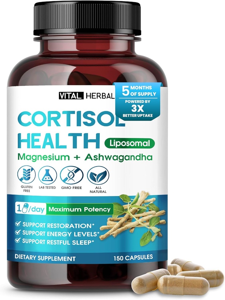 Συμπλήρωμα υγείας για VITAL HERBAL Cortisol - Λιποσωμικό μαγνήσιο με Ashwagandha L-Theanine St. John's Wort - Μέγιστη ισχύς - Αποκατάσταση υποστήριξης, δύναμη - Κατασκευάζεται στις ΗΠΑ