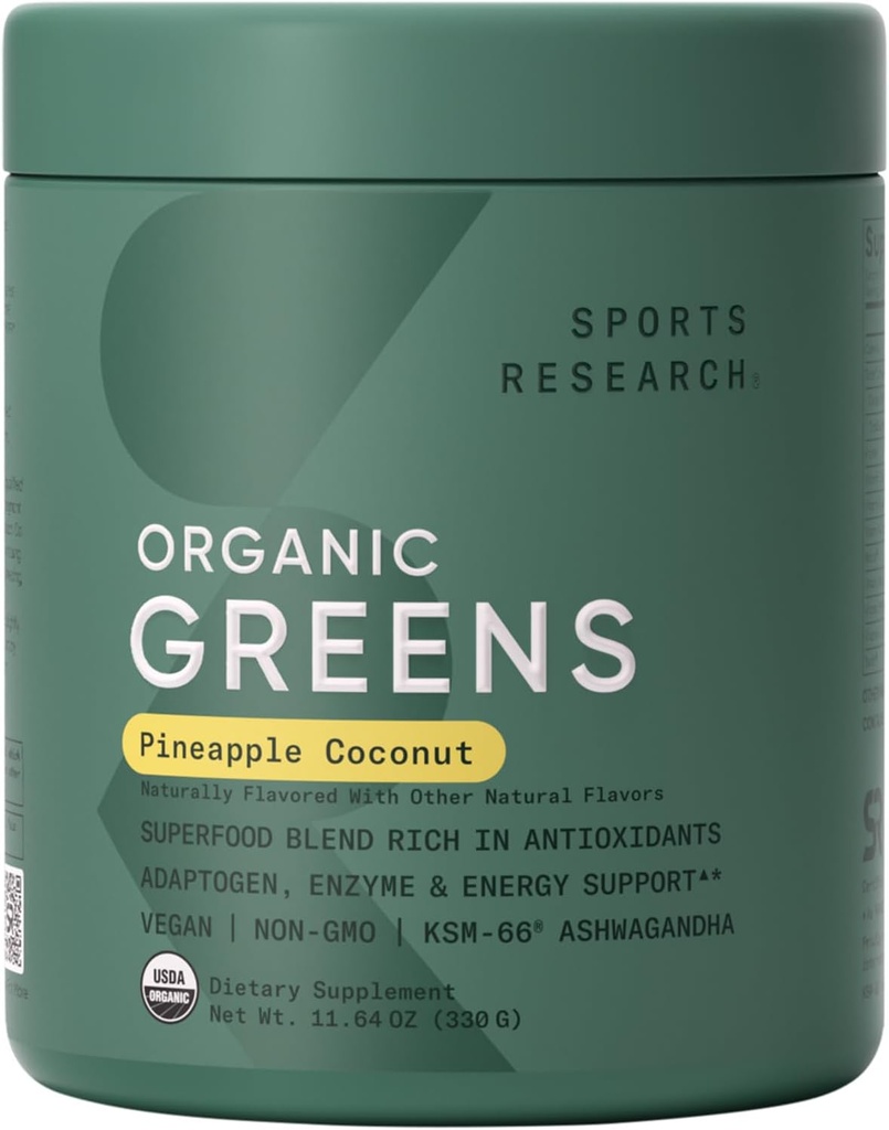 Sports Research® Organic Greens Superfood Powder w/Spirulina, Chlorella, Adaptogens, Enzymes, Probiotics & 8 VIT Bs for Gut & Mood Support* - Vegan, Sugar-Free & Low-Cal Pineapple Coconut 30 Servings