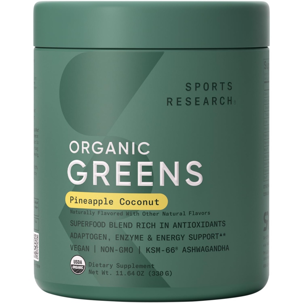 Sports Research® Organic Greens Superfood Toz w/Spirulina, Chlorella, Adaptogens, Enzymes, Probiyotiks & 8 VIT Bs for Gut & Mood Support* - Vegan, Sugar-Free & Low-Cal Pineapple Coconut 30 Hizmetler