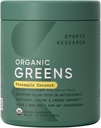 Sports Research® Organic Greens Superfood Powder w/Spirulina, Chlorella, Adaptogens, Enzymes, Probiotics & 8 VIT Bs για την υποστήριξη των ορνίθων και της διάθεσης* - Vegan, Sugar-Free & Low-Cal Pineapple Coconut 30 Σερβιέτες