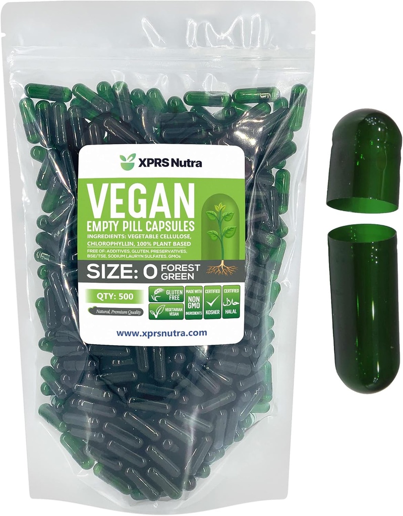 XPRS Nutra Μέγεθος 0 Κενές κάψουλες - 500 Count Empty Vegan Κάψουλες - Χορτοφαγικά Χάπια - DIY Καψάκιο Γέμισμα λαχανικών - Veggie χάπια Caps για Do-It-Yourself Συμπληρώματα (Foreest Green)
