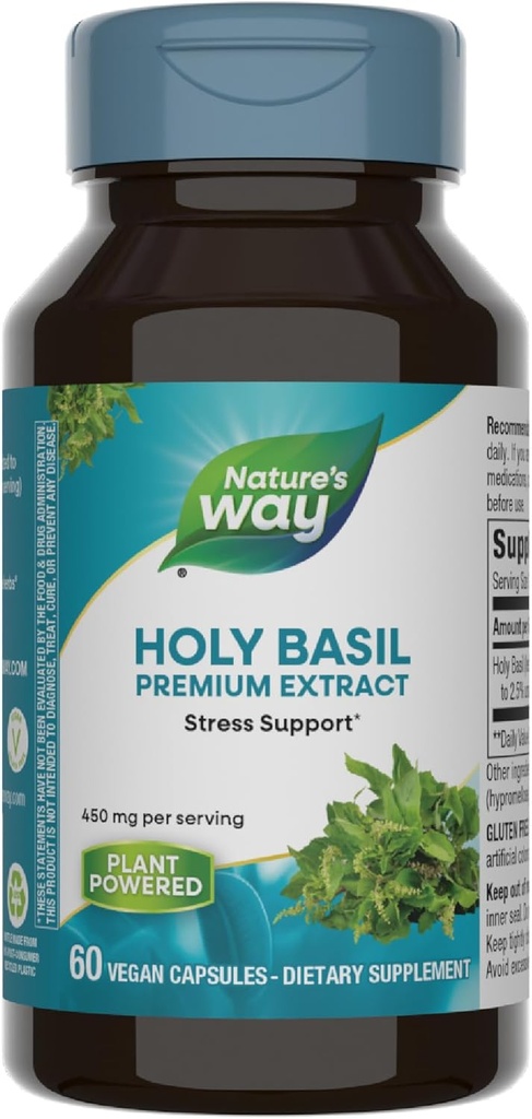 Nature's Way Holy Basil Premium Extract, Stress Support*, Adaptogenic Herb*, 450 mg per Serving, 60 Vegan Capsules (Packaging May Vary)