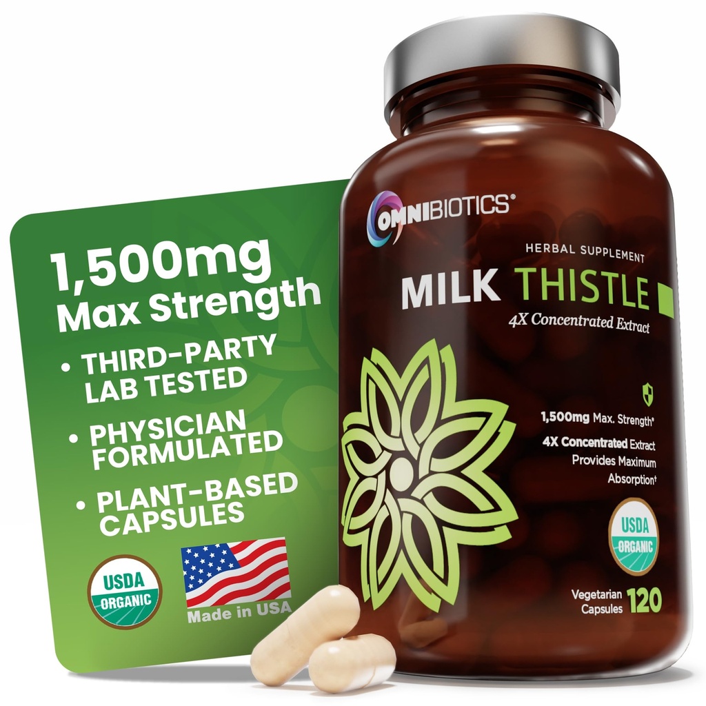 OmniBiotics Organic Milk Thistle Supplement 1500mg – 4X Συμπυκνωμένο εκχύλισμα με σιλιμαρίνη – Υψηλής Ικανότητας Ηπατική Απεξάρτηση & Υποστήριξη – 120 Κάψουλες Vegan