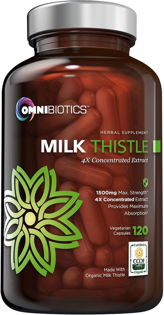 OmniBiotics Organic Milk Thistle Supplement 1500mg – 4X Concentrated Extract with Silymarin – High Potency Liver Detox & Support – 120 Vegan Capsules