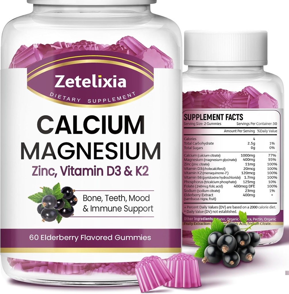 D3, Kalsiyum Gummies with Magnezyum Glycinate,Pyum,Vitamin D3 & K2, & Whole Natural Food for Bone & Immune Support- 120 Chewable Gummy Elder Flavor