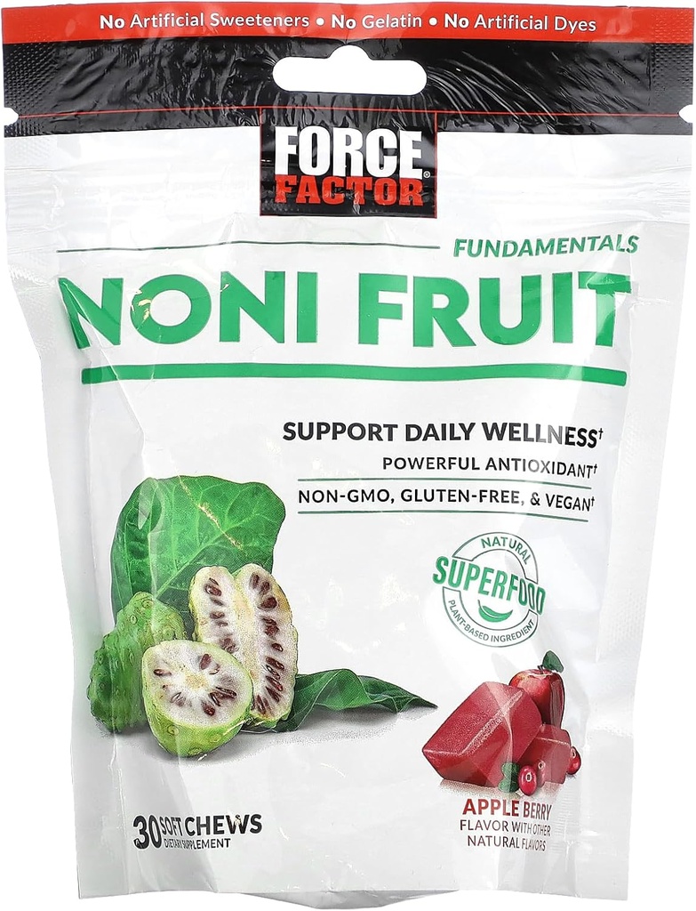 FORCE FACTOR Noni Fruit Chews for Immunity and Skin Health Support, Noni Juice Supplement, Plant-Based Antioksi Superfood Chews, Gluten-Free, & Vegan, Apple Berry Flavor, 30 Soft Chews