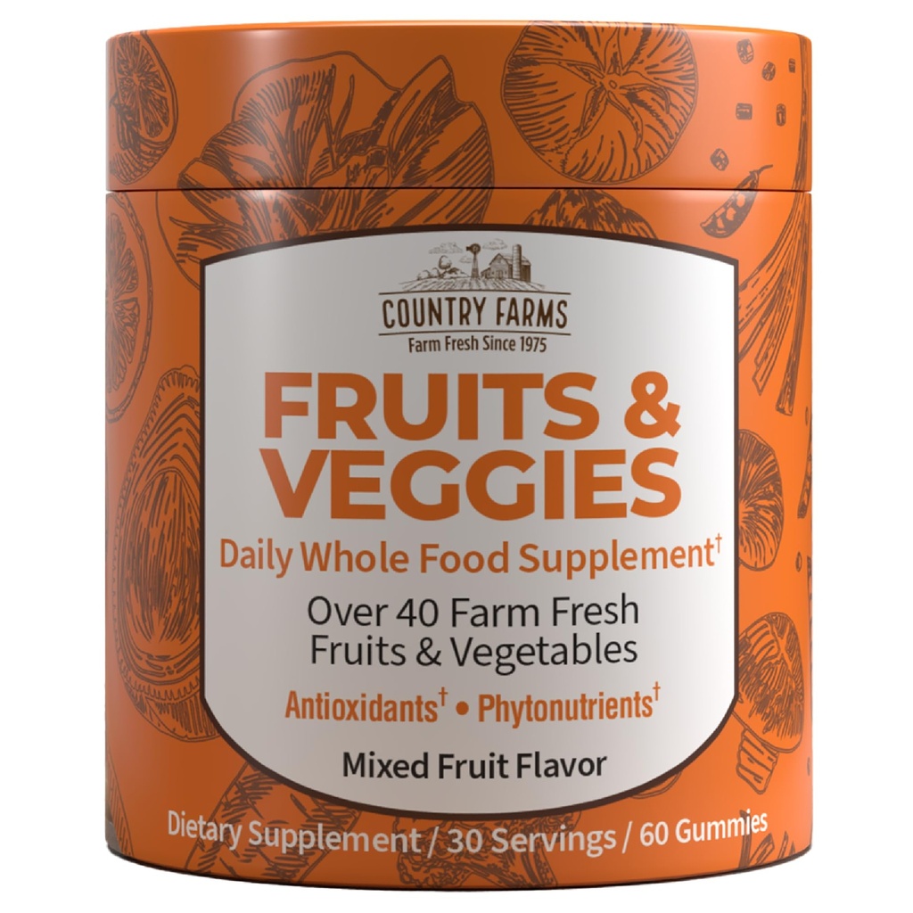 ΧΩΡΑ FARMS Fruits and Veggies Gummies, με πάνω από 40 φρέσκα φρούτα & λαχανικά αγρόκτημα, συσκευασμένα με ισχυρά αντιοξειδωτικά, (Spirulina, Blueberry, Μανιτάρια), Καθημερινή ολόκληρο συμπλήρωμα τροφίμων, Pectin Based,