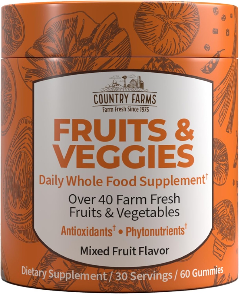 COUNTRY FARMS Meyveleri ve Veggies Gummies, 40'tan fazla Çift Taze Meyve ve Sebze, Güçlü Antioksitlerle Paketlendi, (Spirulina, Blueberry, Mushrooms), Daily Whole Food Supplement, Pectin Based,