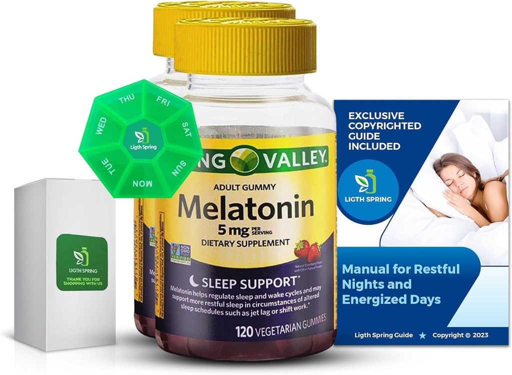 Μελατονίνη 5Mg, 120 Gummies, Υποστήριξη ύπνου (2 Pack) με Bundle Exclusive Better Ligth&Spring Guide