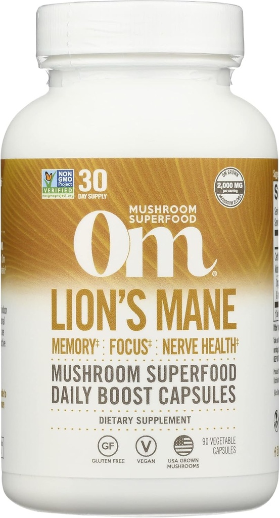 Om Mushroom Superfood Lion's Mane Mushroom Capsules Supplement, Fruit Body & Mycelium Nootropic for Memory Support, Focus, Clarity, Nerve Health,ality &Mood, 90 Capsules