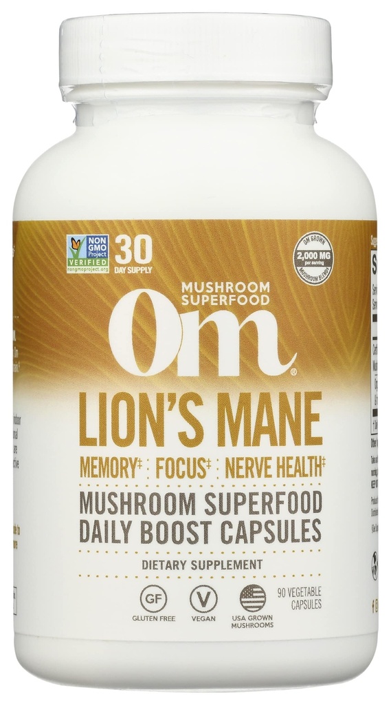 Om Mushroom Superfood Lion's Mane Mushroom Capsules Supplement, Fruit Body & Mycelium Nootropic for Memory Support, Focus, Clarity, Nerve Health,ality &Mood, 90 Capsules