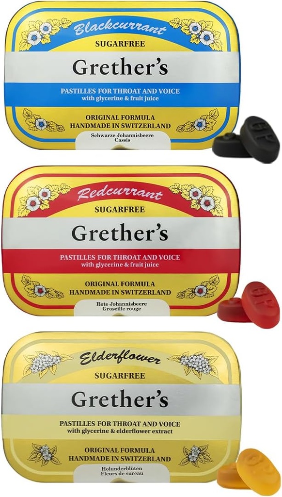 GRETHER'S Sugarfree Pastilles Blackcurrant, Elderflower & Redcurrant - Singers için Hediye - Kuru Ağız Yardımı için Doğal Remedy - 2.1 oz (Pazar 3)