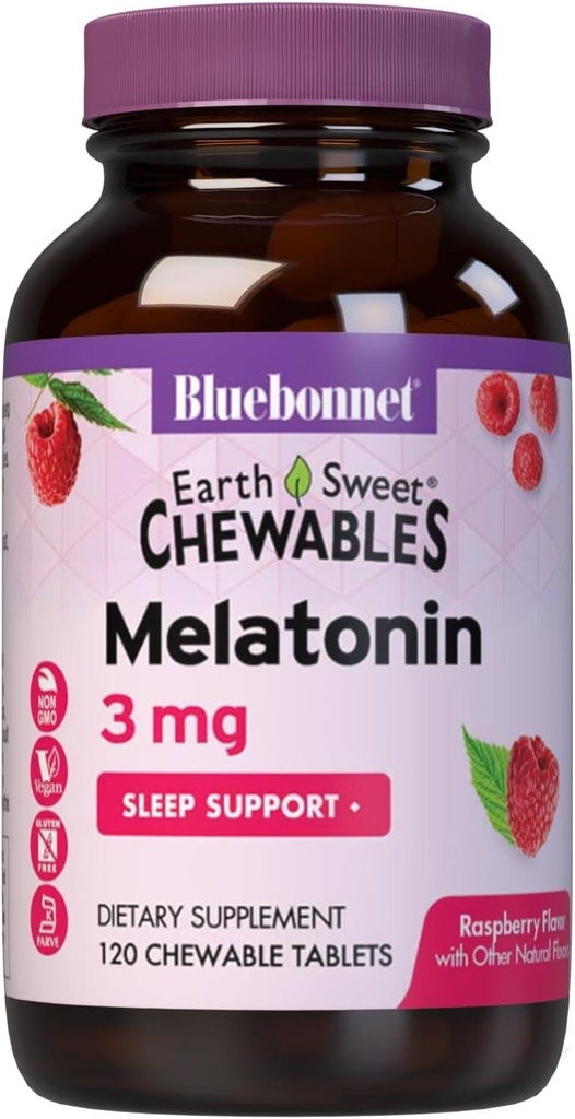 Bluebonnet Beslenme DünyaSweet Melatonin 3 mg Fast-Acting Quick Dissolve Nighttime Relaxation & Restful Sleep Support - Sleep Aid - Gluten-Free, Vegan - Raspberry Flavor - 120 Chewable Tabletler