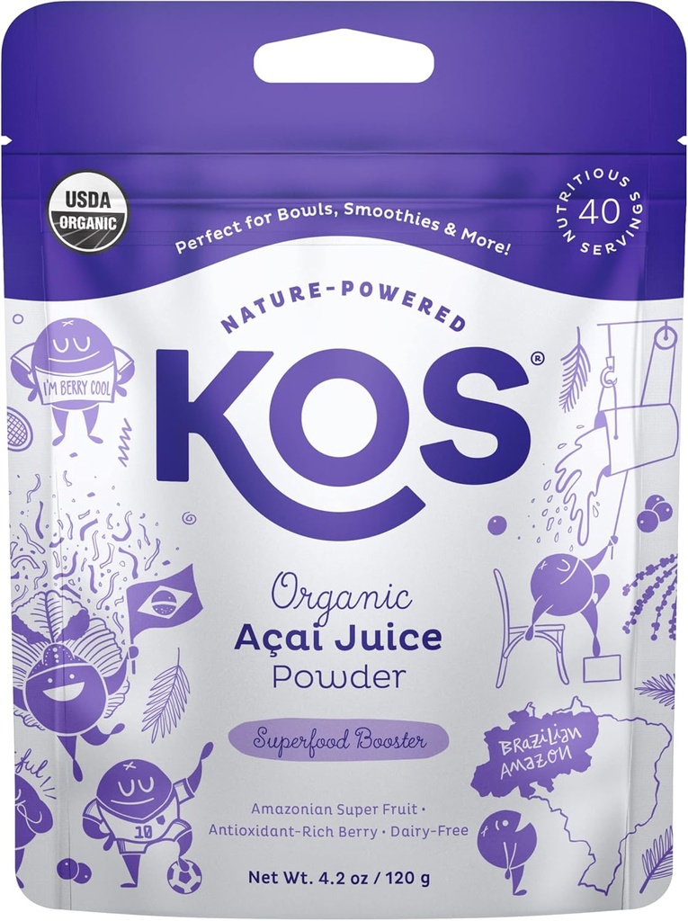 KOS USDA Βιολογική σκόνη Acai, μη γλυκαντικά Superfood - Φυσικό αντιοξειδωτικό, Acai Berry για smoothies και Bowls - Πολυφαινόλη Αφθονία, χωρίς γλουτένη, μη GMO, Φιλική προς το κλίμα επανασφραγιζόμενη τσάντα, 40 εξυπηρετούν