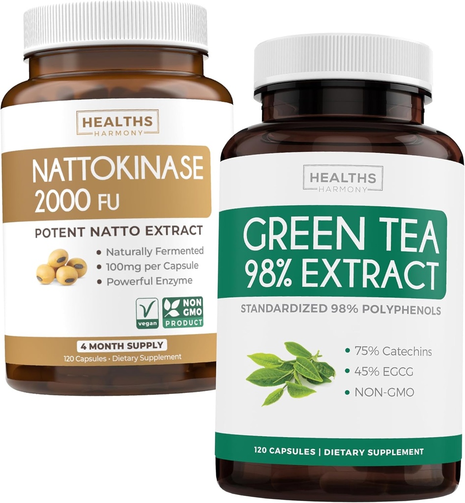 Nattokinase & Green Tea (2-Month Supply) Green Vitality Boost - Nattokinase 2000 Güçlü Doğal Fermented Soybeans -120 Caps & Green Tea Extract 98 with EGCG (Non-GMO) Natural Metabolism Boost