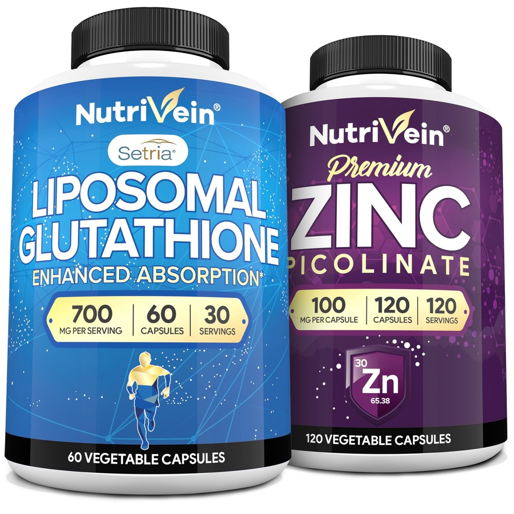 Nutrivein Premium Ψευδάργυρος Picolinate & Liposomal Glutathione Συμπλήρωμα Δέσμη: Υψηλής Απορρόφησης Γλουταθειόνη Liposomal Συμπλήρωμα & Συμπληρώματα ψευδαργύρου για άνδρες & γυναίκες - Ανοσία, Θήκη, Αποτοξίνωση, & Επισκευή