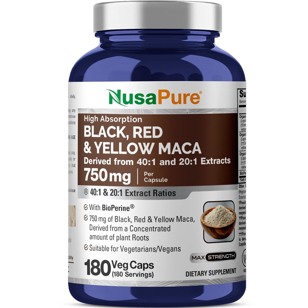 NusaPure Maca Root Μαύρο, Κόκκινο, Κίτρινο 20.000mg - 180 κάψουλες Vegan (Vegan, Non-GMO, Χωρίς γλουτένη) Βιοπερίνη
