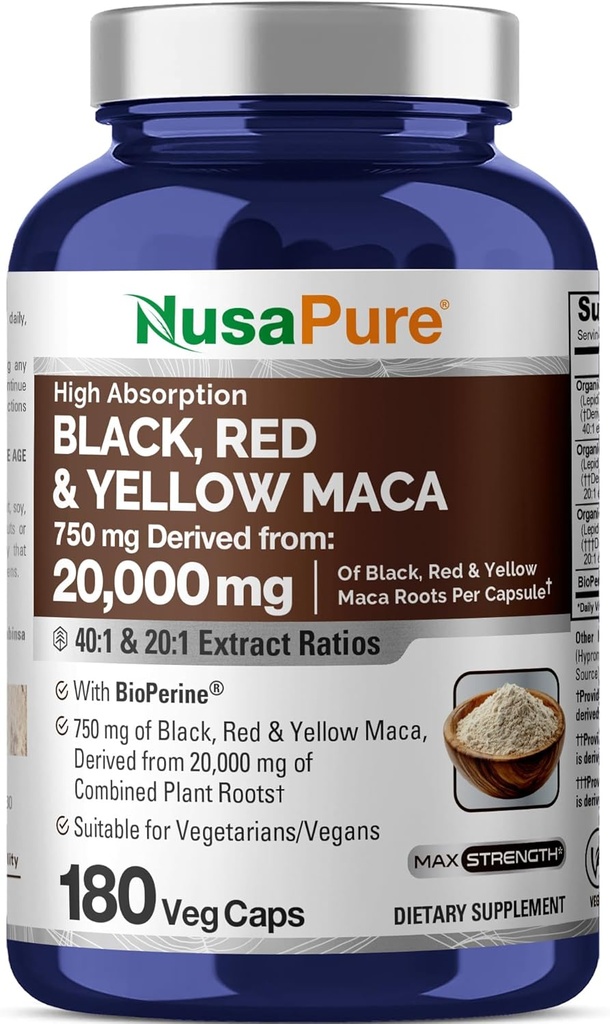 NusaPure Maca Root Black, Red, Yellow 20,000mg - 180 Vegan Capsules (Vegan,Non-GMO, Gluten Free) Bioperine