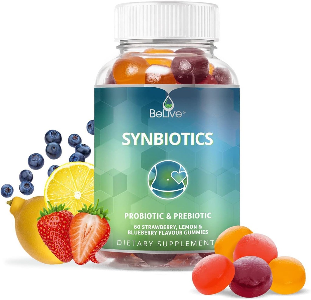 BeLive Synbiotics - Probiotic & Prebiotic Fiber Gummies – High Strength Inulin (3g), Dietary Fiber Supplement, Digestive Support for Kids & Adults - Strawberry, Lemon, Blueberry Flavor (60Ct)