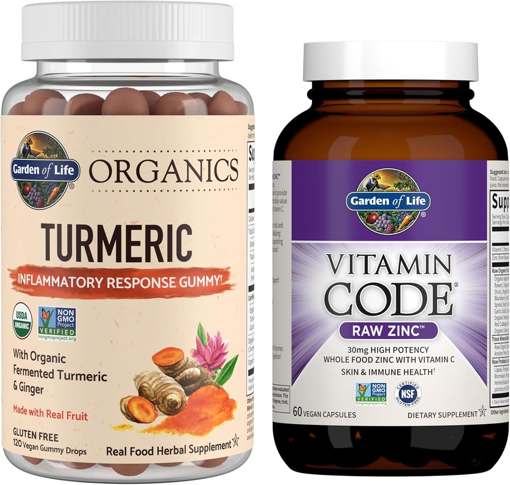 Garden of Life Organics Turmeric Inflammatory Response Gummy, 120ct & Vitamin Code High Potency Raw Zinc, 60ct