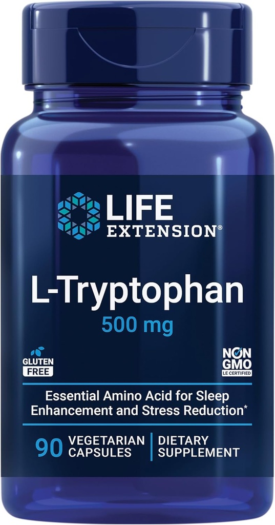 Επέκταση ζωής L-Tryptophan, 500 mg, Ενθαρρύνει υγιή επίπεδα σεροτονίνης και προάγει υγιή ύπνο, διάθεση, αντίδραση & κορεσμός στρες, χωρίς γλουτένη, μη ΓΤΟ, χορτοφάγους, 90 κάψουλες