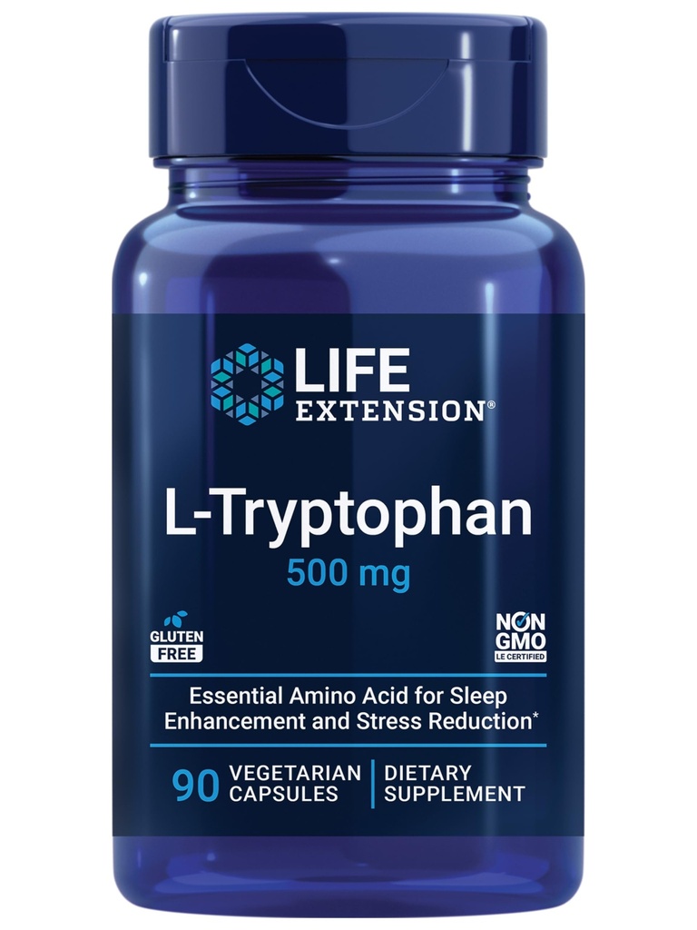 Life Extension L-Tryptophan, 500 mg, Encourages Sağlıklı Serotonin Seviyeleri ve Sağlıklı Uykuyu Teşvik Ediyor, Mood, Stres Cevap & Satiety, Gluten-Free, Non-GMO, Vegetarian, 90 Capsules
