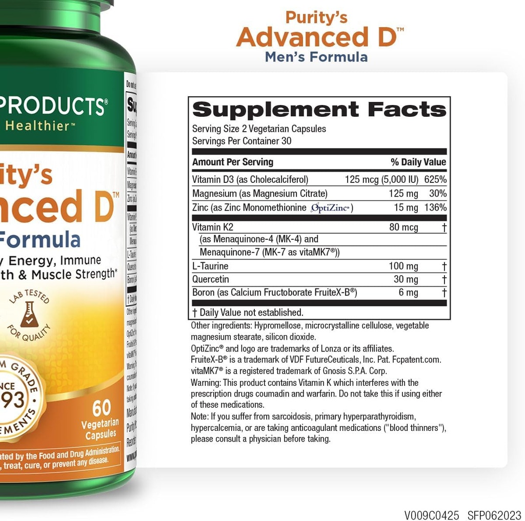 Προϊόντα καθαρότητας Advanced Vitamin D Ανδρική Φόρμουλα με Βιταμίνη D, Βιταμίνη K2, Ψευδάργυρος, Κιτρικό μαγνήσιο, Βόριο και Ταυρίνη - 60 κάψουλες χορτοφάγων
