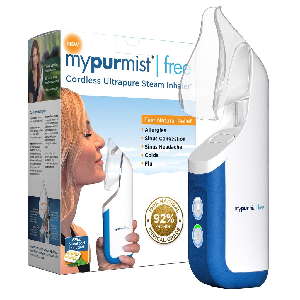 Mypurmist Free Ultrapure Cordless Steam Inhaler - Χειροκίνητος προσωπικός & μπαταρίας Steamer, Vaporizer & Humidifier για Sinus Relief, Ρινική Συμφόρηση, Ψυχρή & Βήχα, Φωνητική Φροντίδα