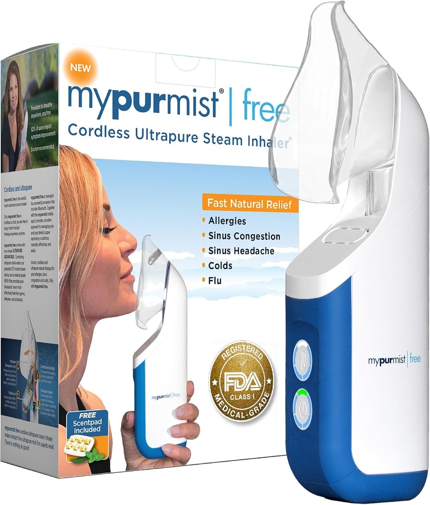 Mypurmist Free Ultrapure Cordless Steam Inhaler - Handheld Personal & Battery-Powered Steamer, Vaporizer & Humidifier for Sinus Relief, Nasal Congestion, Cold & Cough, Vocal Care