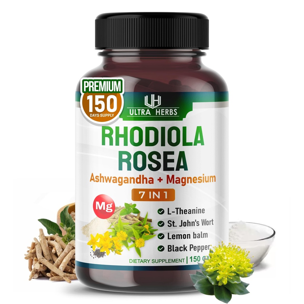 Rhodiola Rosea Supplement Ashwagandha, L-Theanine, St. John's Wort, Lemon Balm - Support Mood, Sleeps Quality, and mental Focus | 150 Capsules