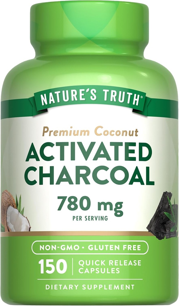 Nature's Truth Aktif Charcoal Capsules 780 mg | 150 Pills | Shells | Non-GMO & Gluten Free Supplement Supplement