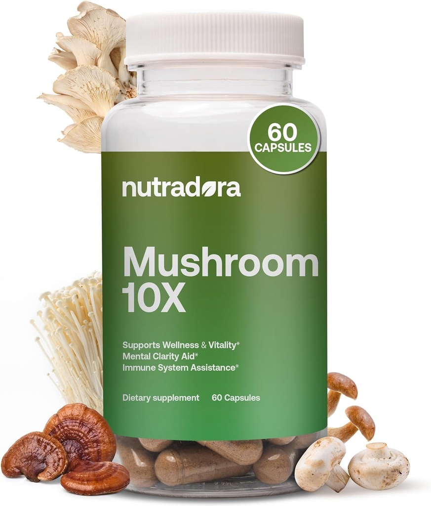 Mushroom Supplement -10 Mushrooms Blend, Reishi, Lions Mane, Cordyceps, Chaga, Türkiye Tail, Maitake, Shiitake, Chaga, Nootropic Kompleksi