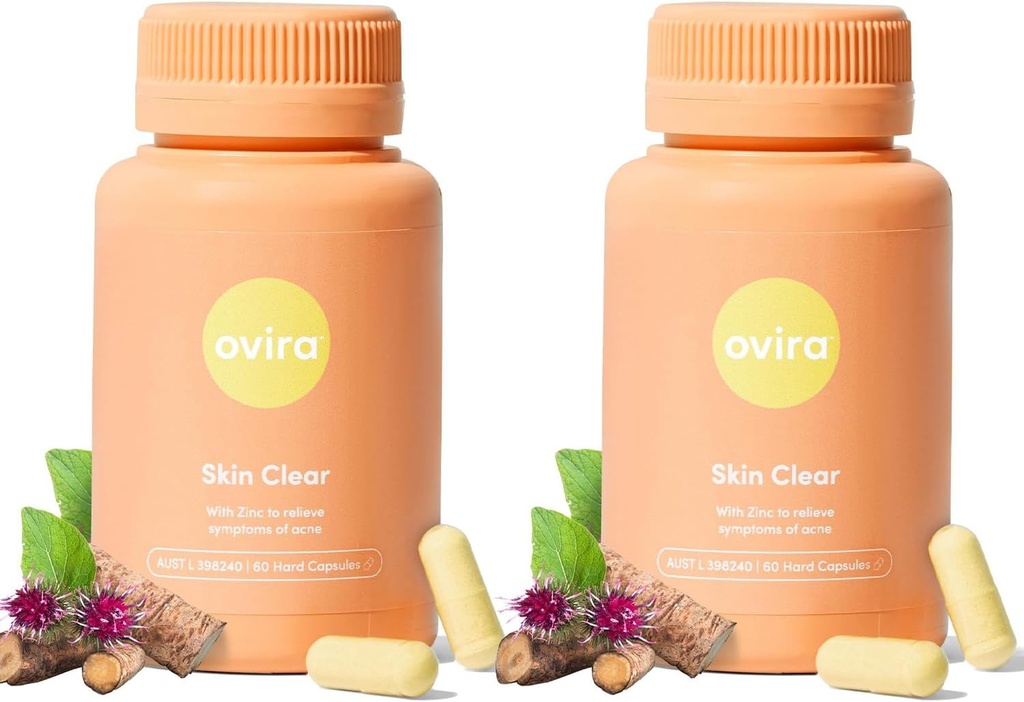 Ovira Skin Clear with ZINCBRIGHT - Clear ve Glowing Skin için 60 Capsules | Rosacea & Hormonal Acne Tedavisi | Kolajn Prodüksiyonu | Kadın ve Erkekler için Acne Supplements - Pack of 2