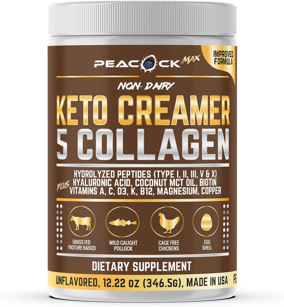 Collagen Keto Coffee Creamer Toz 12.2 oz - Hydrolyzed Collagen Hydro with Coconut MCT Oil, B12, Magnezyum, Unflavored Protein Toz, Sugar Free Coffee Creamer for Smoothies & Baking
