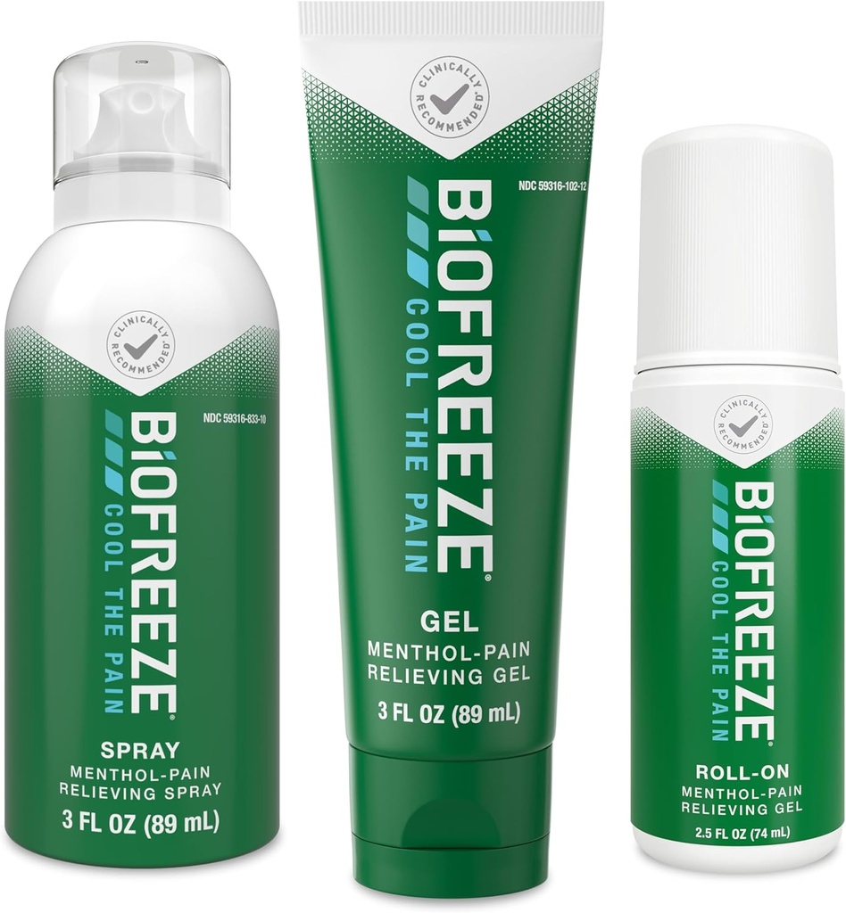 Biofreeze Pain Relief Roll-On 2.5 FL OZ, Gel 3 FL OZ, Ve Sprey 3 FL OZ Çeşitli Paket Topical Pain Reliever For Muscles And Joints From Arthritis, Backache, Strains, Bruises, Sprates (Pazar Mayıs Vary)