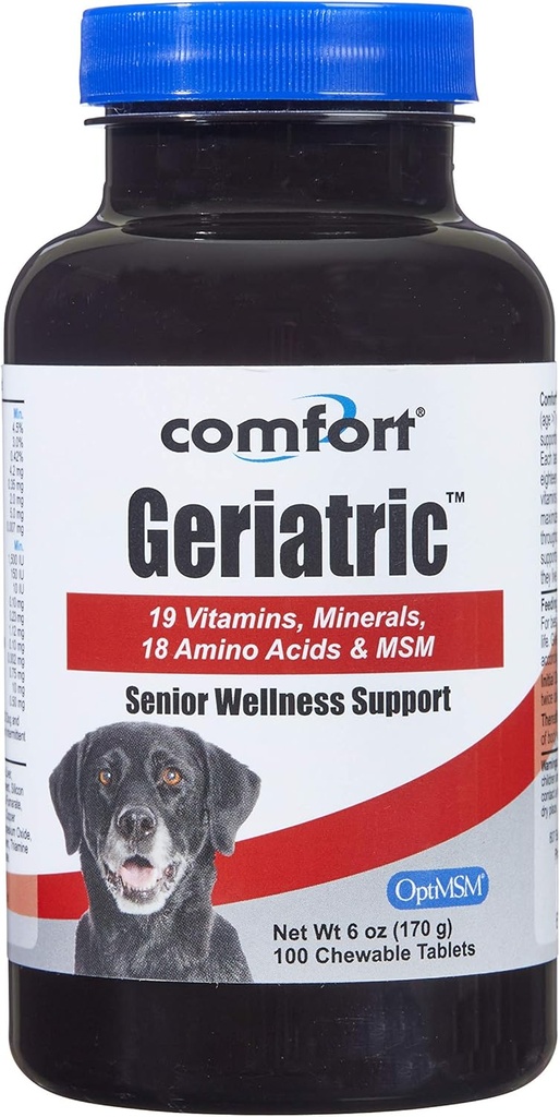 COMFORT Γηριατρικό συμπλήρωμα για σκύλους, 100 Count, Περιέχει MSM, Superoxide Dismutase, Ester-C, 19 Βιταμίνες και Ορυκτά & 18 Αμινοξέα, Made in The USA