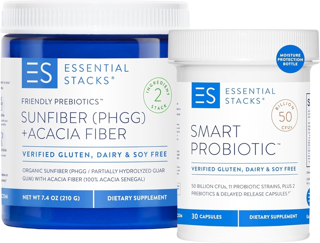 Essential Stacks Gut Sche: Smart Probiyotik (30 ct) + Friendly Prebiyotiks (7.4 oz)
