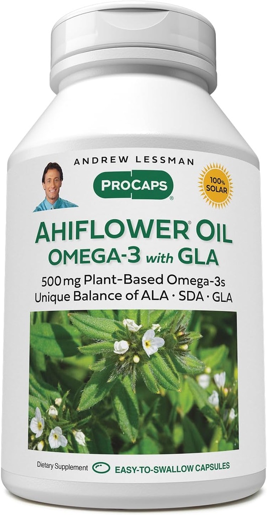 ANDREW LESSMAN Ahiflower Omega-3 με GLA - 240 Softgels - Μοναδικά Ισορροπημένη, Βασισμένη σε φυτά Πηγή Απαραίτητων Ωμέγα-3 Λιπαρά οξέα. Δεν έχει στομαχικές διαταραχές, μολύνσεις ή υδράργυρο. Εύκολο να καταπιείς