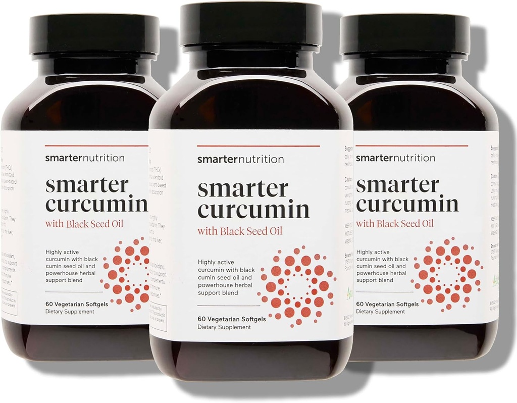 Smarter Nutrition Curcumin Softgels - Vegan High Absorption 400 mg Curcumin Supplement Standardized to 95% Tetrahydrocurcuminoids + Black Seed Oil & Ginger for Joint & Immune Health - 180 Ct