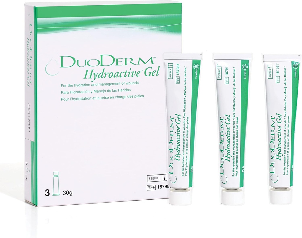 ConvaTec DuoDERM Hidroaktif Sterile Gel, 30 Grams Tube for Management of Partial and Full-Thickness Yaras, Aids Autolytic Debridement, 187987, Box of 3 Tubes